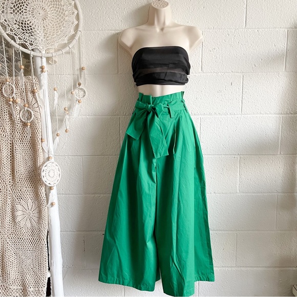 NWT Zara Green Cotton High Waist Belt Wide Leg Pants - Picture 2 of 13